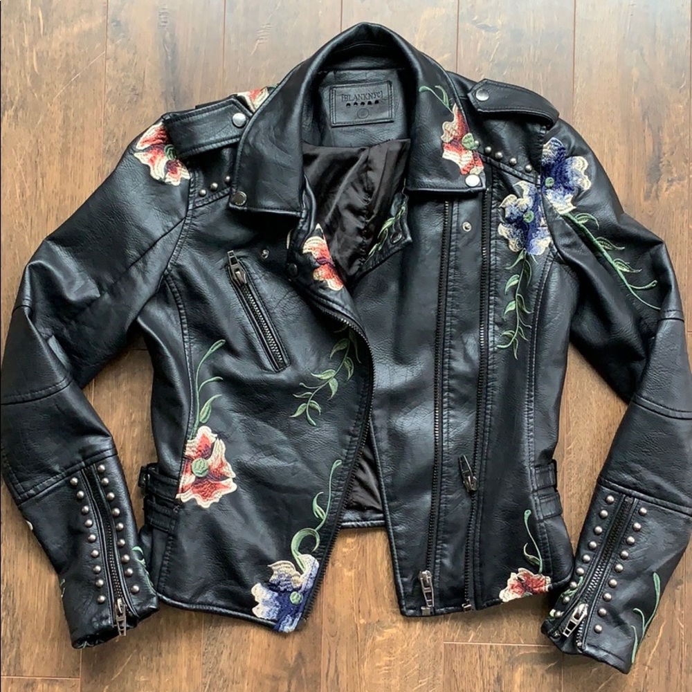 Vegan leather jacket w/floral embroidery & studs